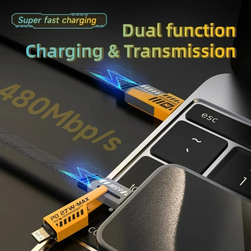 65W USB Type C Cable 4 in 1 PD 27W Fast Charging Data Cable For iPhone 15 14 13 Pro Max Samsung Xiaomi Huawei iPad USB C Cable