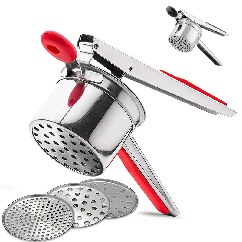 Stainless Steel Potato Ricer with 3 Interchangeable Fineness Discs Silicone Grip Handle Kitchen Tools Potato Press Masher