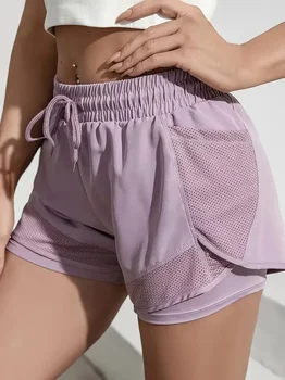Women Y2K Running Sport Shorts High Waist Breathable Mesh Sweat Fitness Shorts Elasticity 2 in 1 Pants Yoga Sports Shorts Casual Gym Quick Dry Shorts 5