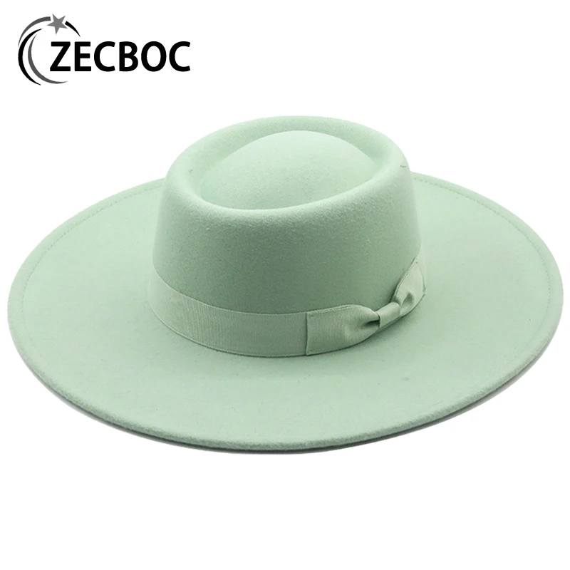 9.5CM Wide Brim Flat Top Fedoras Hats For Women Solid Color Imitation