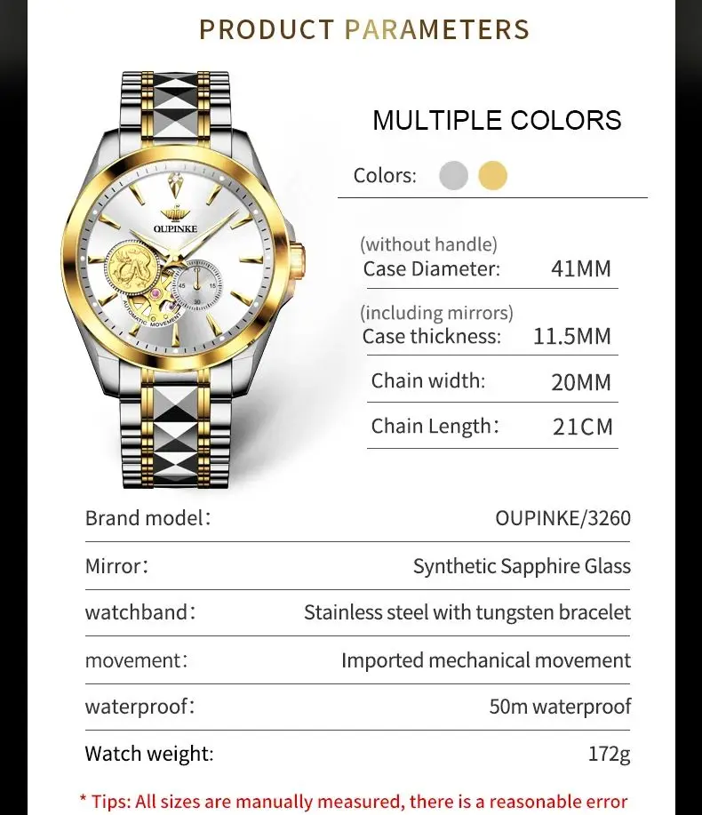 OUPINKE 3260 Watches For Men Hollow Real Gold Dragon Watch Original Luxury Top Brand Real Diamond Automatic Mechanical Man Watch