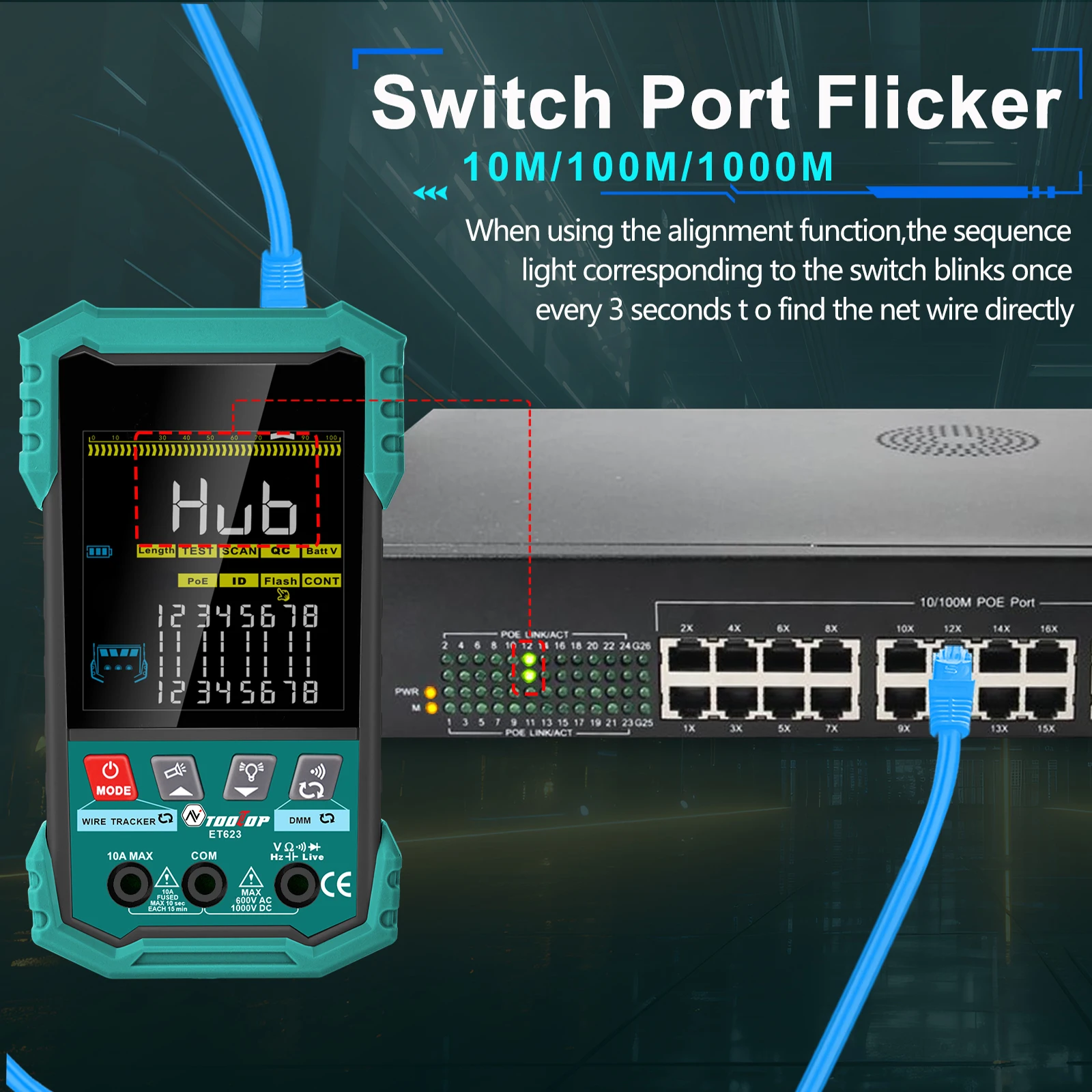 400M Network Cable Tester POE Test Cable Mapping AC/DC Multimeter Network Cable