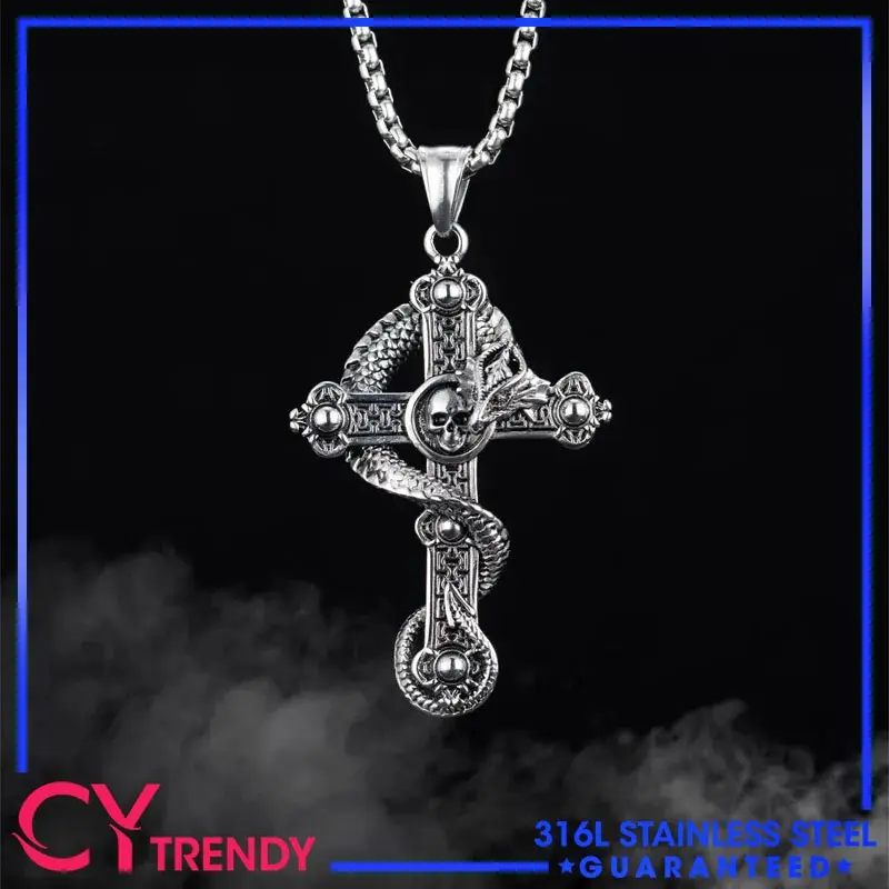 

European and American Vintage Stainless Steel Skeleton Cross Pendant Personalized Hip Hop Pan Dragon Men's Necklace