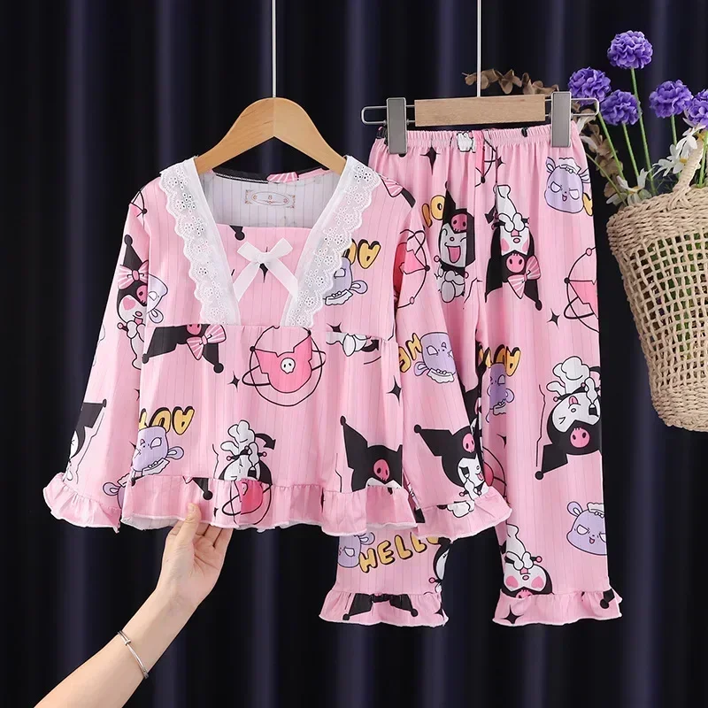 Miniso Kuromi Cinnamoroll Autumn Children's Pajamas Set Anime My Melody Long Sleeved Sleepwear Set Little Girl Home Clothing 3