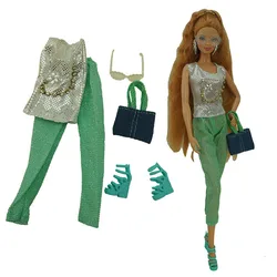 Tenues de poupée pour Barbie, ensemble vert de 11.5 pouces, vêtements, hauts, pantalons, chaussures, sac à lunettes, accessoires de poupées BJD, jouets, cadeau pour fille, 1/6 