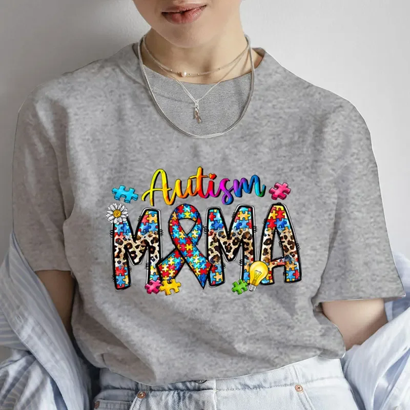 

Summer Short Sleeve Clothing Autism Awareness Mom T-shirt Female Clothing Fashion Women T-Shirt Y2k Graphic Tops Cotton 2024