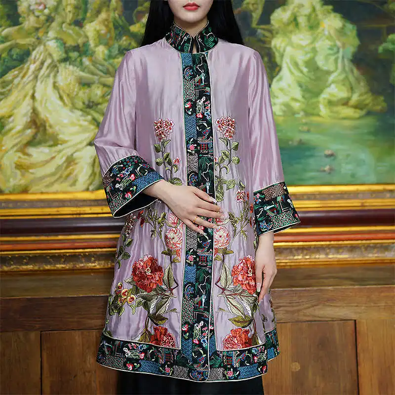 Women's Standing Collar Rayon Embroidered Flower Coat Three Quarter Sleeves Long Top M-XXL