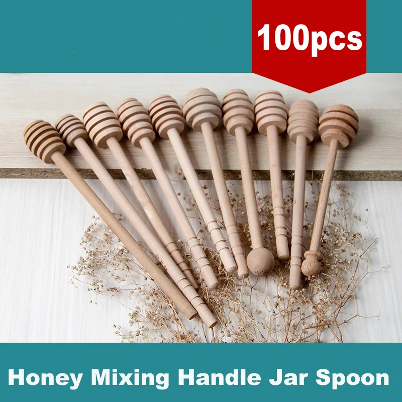 Honey Stir Bar Mixing Handle Jar Spoon wooden Spoon Honey Long Stick Honey Kitchen Tools Party Wedding Decoration 5/25/50/100PCS