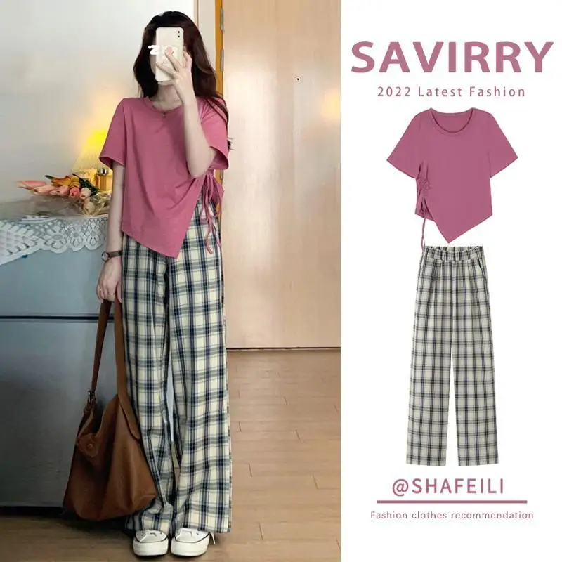 

2022 summer suit women cover meat light cooked salt short-sleeved top slim plaid pants wide-leg pants two-piece set direct sales