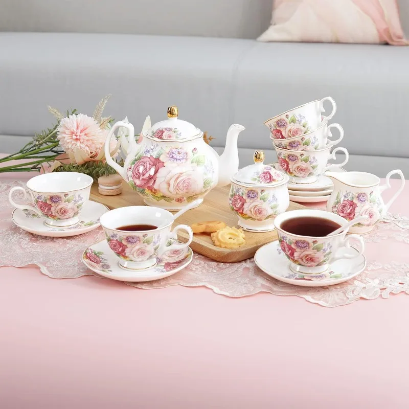 European Porcelain Coffee Set, Bone China Tea Set, Vintage Floral Coffee Tea Pot with Cups