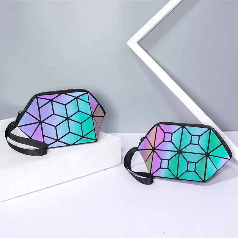 New Geometric Luminous Women Cosmetic Bag Organizer Zipper Makeup Ladies Folding Cosmetic Noctilucent Pouch Travel Make Up Bag 6