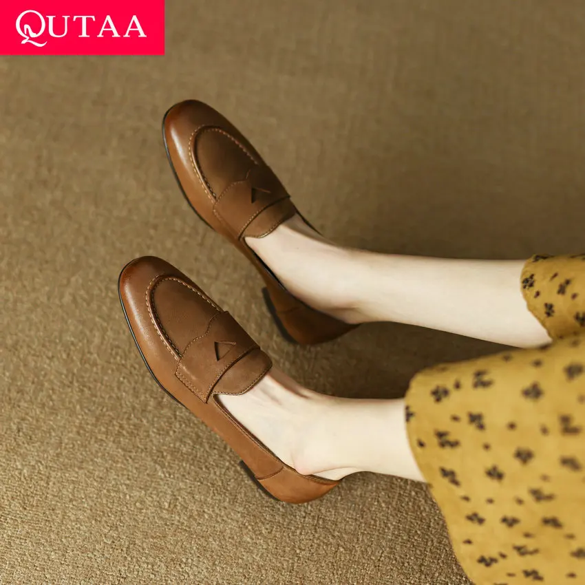 

QUTAA 2023 Classic Women Pumps Spring Dress Office Ladies Thick Low Heels Genuine Leather Platforms Shoes Woman Size 34-41