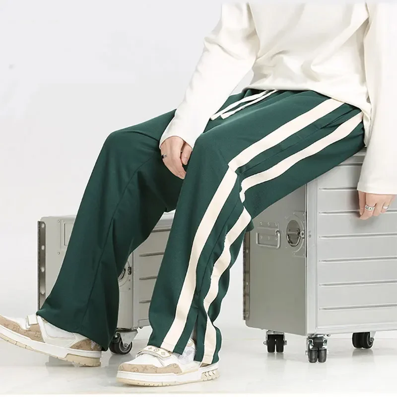 Men's Striped Slit Pants Spring Autumn Straight Wide Leg Trousers High Street Loose Casual Trousers 2024 Fashion Men Clothing