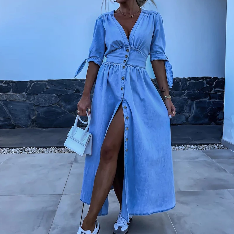 

Women Sexy V-neck Single Breasted Denim Dress New Spring Solid High Waist Split Long Dress Summer Short Sleeve Tie-up Maxi Dress