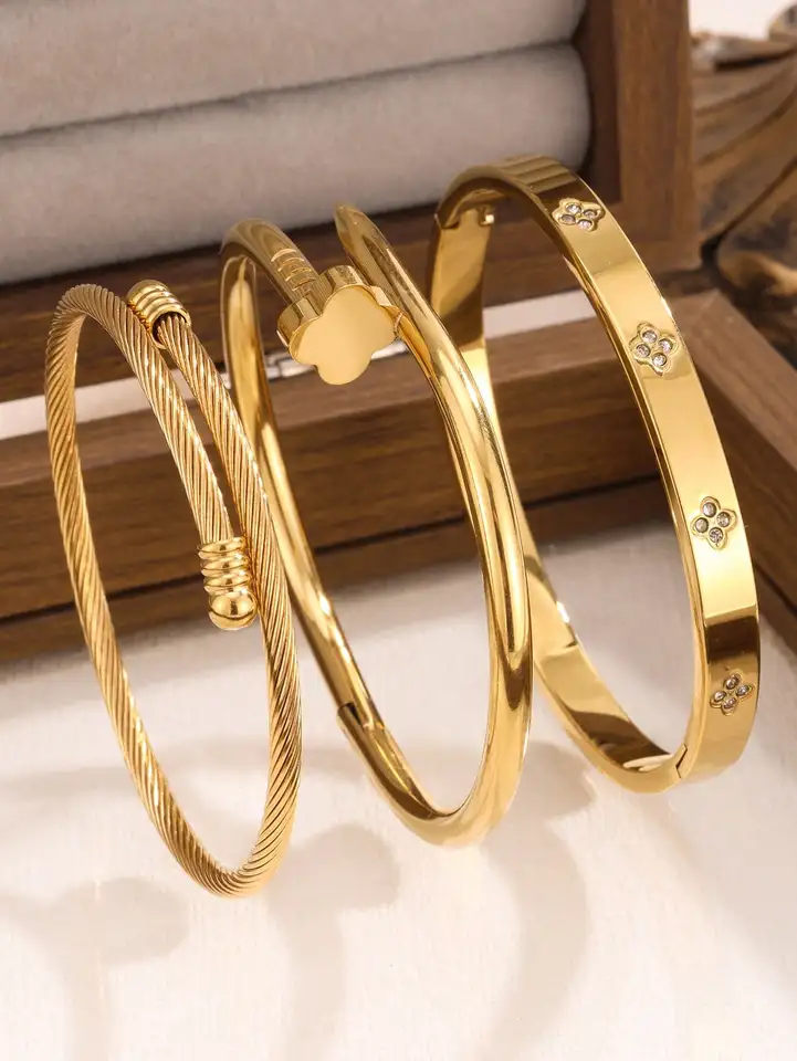 Fashion Stainless Steel Flower Zirconia Bangle Bracelet Set