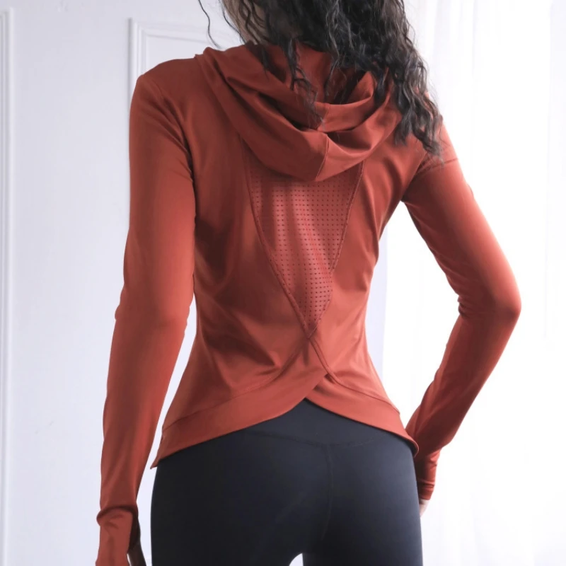 Yoga Shirt Women's Back Fork Mesh Breathable Yoga Shirt Long Sleeve Thumb Hole Hoodie Waist Tops Slim Slim Fitness Clothing