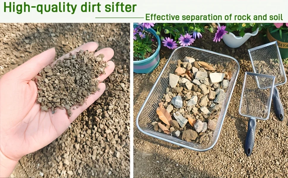 Bodensieb aus Edelstahl – Netz-Gartensieb zum Sieben von Felsen, Kompost und Sand, robustes, rostbeständiges manuelles Handwerkzeug – Detail 3