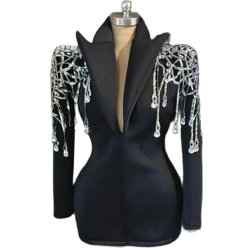 Blazer de Style Futuriste avec Franges Strass pour Femme, Tenue de Drag Queen, Costume de Performance de Chanteur de Scène, Noir, Anniversaire, Rotterdam Kly