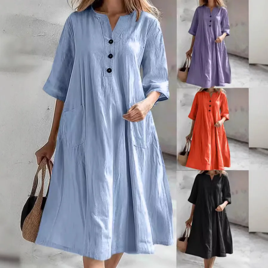 Cotton Linen Casual Beachwear Dress for Women