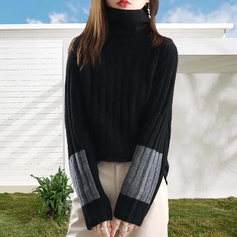 

Women Stretchy Sweater Cozy Stylish Women's Winter Sweater Turtleneck Neck Protection Color Block Patchwork Warm Knitted Soft