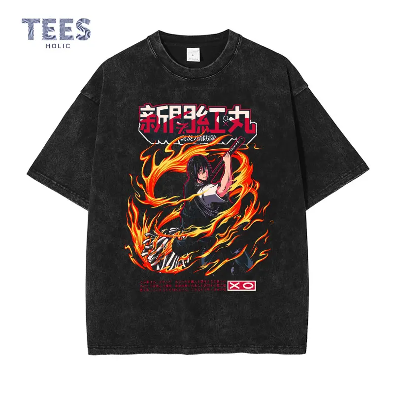 

Shinmon Benimaru T-shirt Men Vintage Washed Anime Fire Force Tops Tees Streetwear Short Sleeve Casual Manga T Shirts 100% Cotton