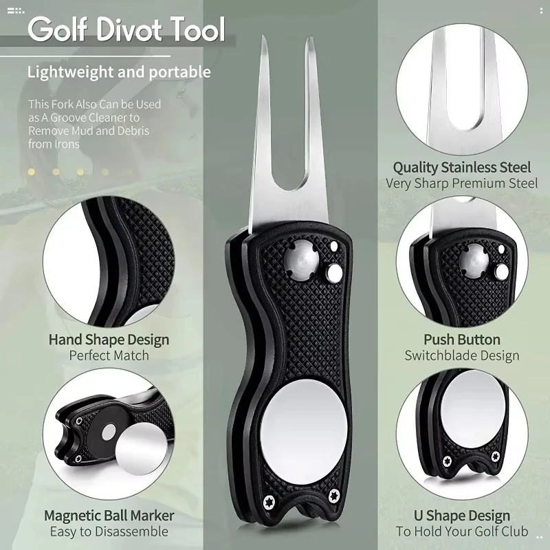 1PC Foldable Metal Golf Turf Repair Tool With Magnetic Ball Marker And Pop-Up Button For Golf Green Fork Golf Tool