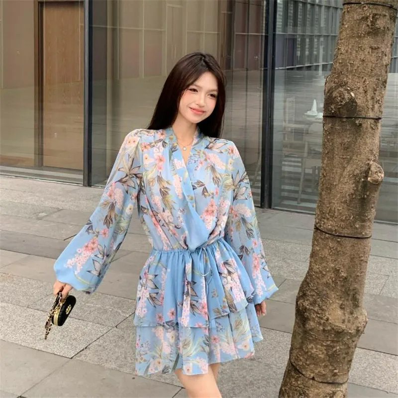 

Summer Floral Print Blue Mini Dress for Women Holiday Beach V Neck Fashion A Line Short Dress Long Sleeve Chiffon Fairy Dress
