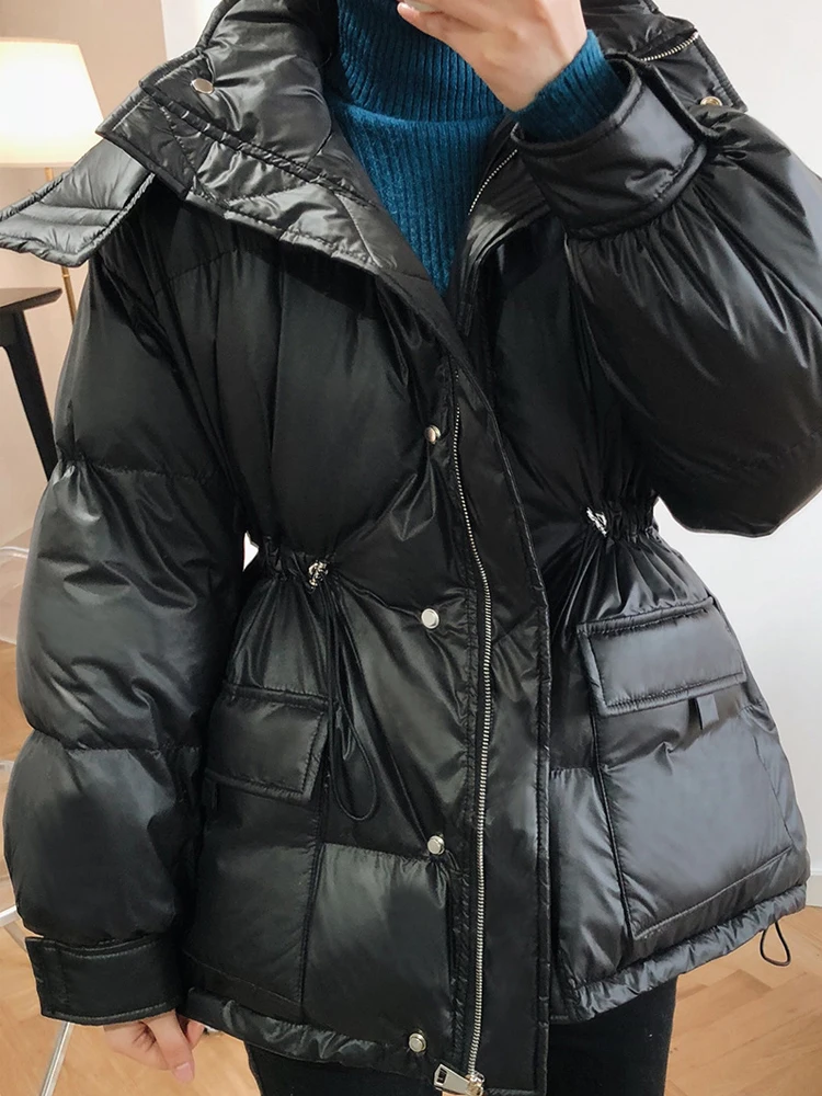 2021 New Women Winter Coat Long Sleeve Windproof Warm Lace-Up Slim Waist Women Blue Hooded Coat Casaco Feminino Women Coat black puffer coat with hood