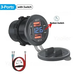 Dual Type - C & USB - A Waterproof Car Charger with LED Voltmeter - Fast Charging Port (66W - 3Ports - wire)