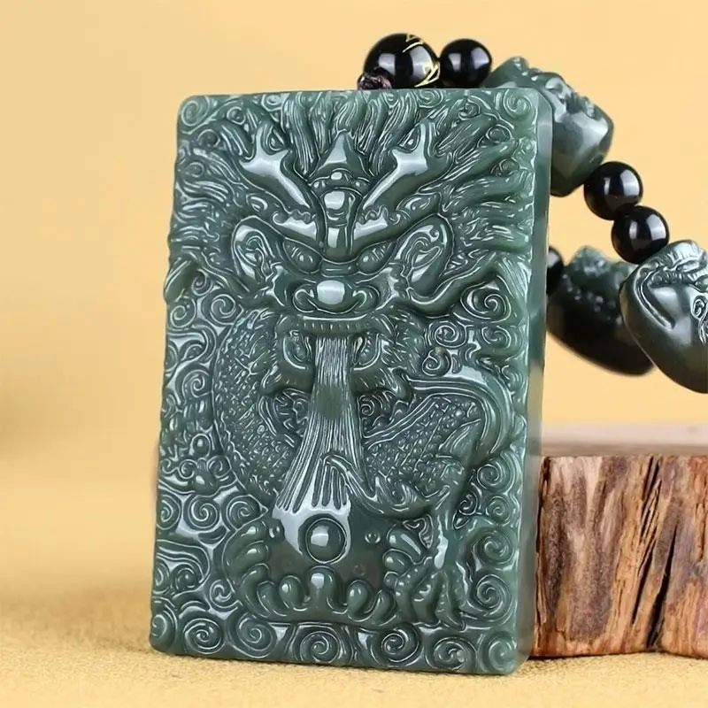 

Natural Hetian Cyan Jade Hand-carved God Dragon Out To Sea Necklace Pendant Fashionable Men Women Fine Jewelry Gift amulet