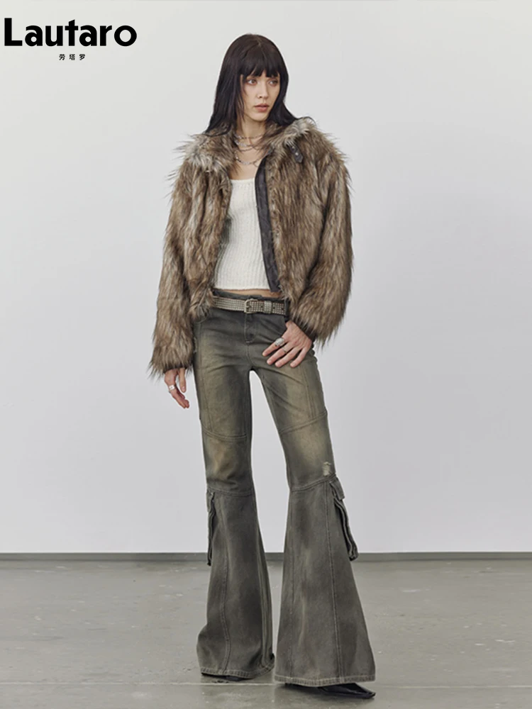 Lautaro Autumn Winter Short Warm Thick Hairy Shaggy Patchwork Faux Raccoon Dog Fur Coat Women Zipper Luxury Fluffy Jacket 2024 3