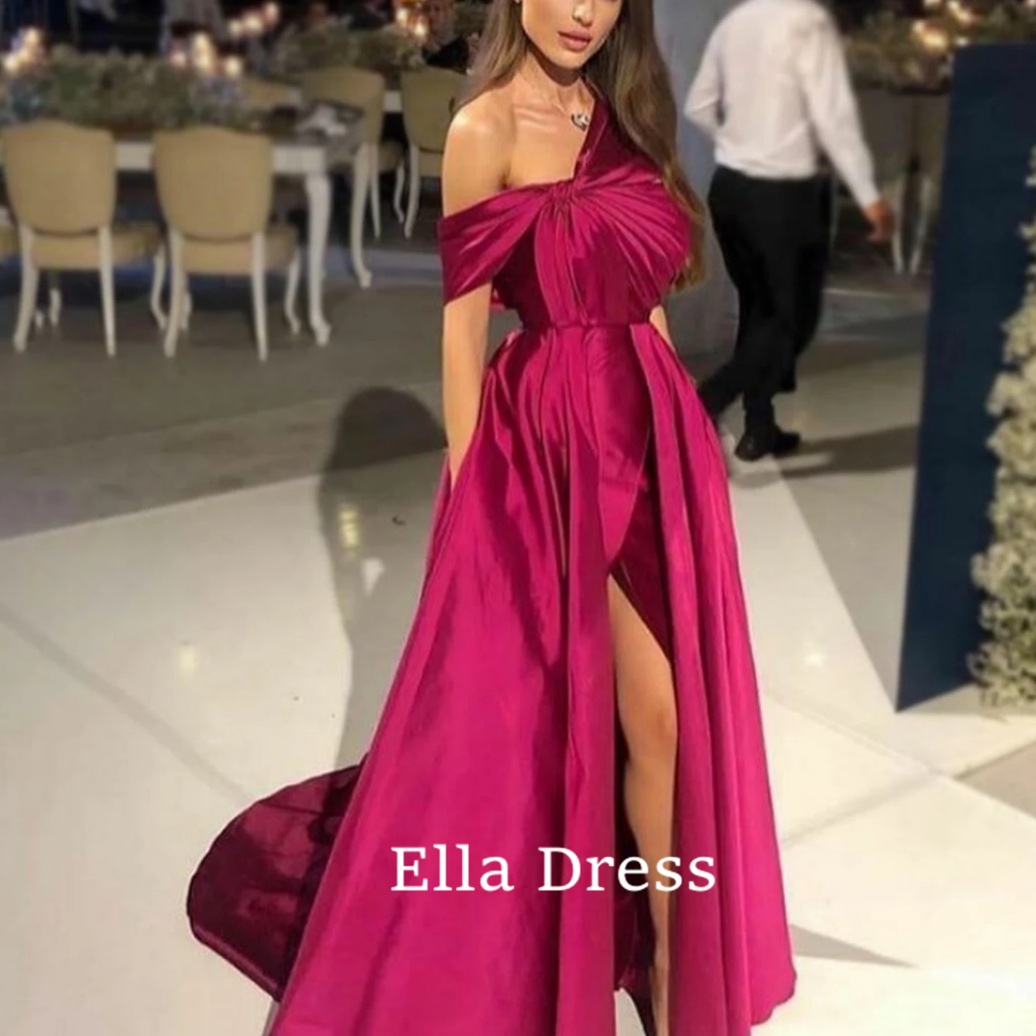 

Ella A-Line Ball Gown Sexy Side Slit Gorgeous Satin Train Evening Gown Card Shoulder Long Luxury Evening Dresses 2023 Gala Dress