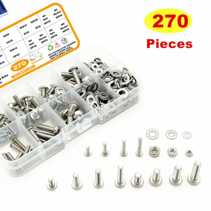 

270 шт. углеродная сталь, круглая головка, Шестигранная головка, головка, винтовая головка, болт, полукруглая чашка, Грибовидная гайка, комбинированный комплект