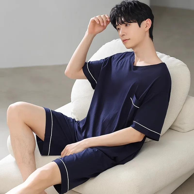 

Korean Fashion Homewear for Men Modal Sleepwear Short Sleeping Top & Shorts Pijamas Set Young Boy Nightwear Homme lounge set