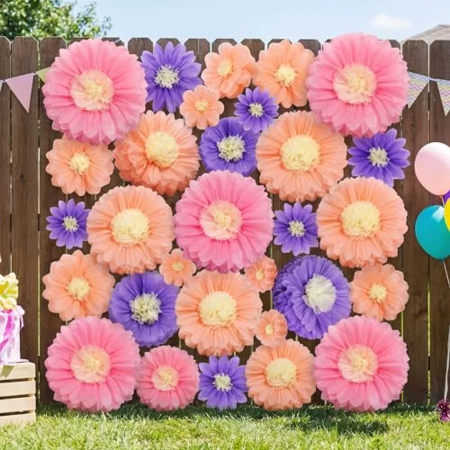 36 Pcs Giant Paper Flowers Decoration for Wall Sizes 10" to 24'' Tissue Paper Pom Poms in 5 Flower Wall Backdrop Decor for Birt