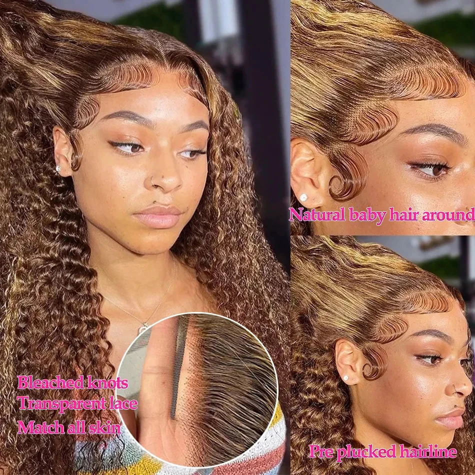 30 Inch Highlight Ombre Deep Wave Lace Front Human Hair Wigs Honey Brown Colored 13x6 HD Curly Transparent 13x4 Lace Frontal Wig