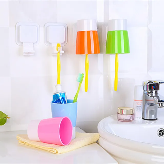 1Set Toothbrush Holder   Mouthwash Cup Stick on Wall Toothbrush Holder Wash Gargle Cup Frame Bathroom Accessories