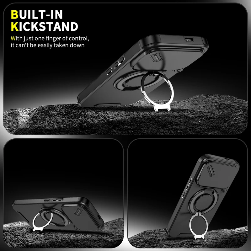 Magnetic PC + TPU Drop-Proof Rotatable Ring Stand Slide Camera Phone Case Cover