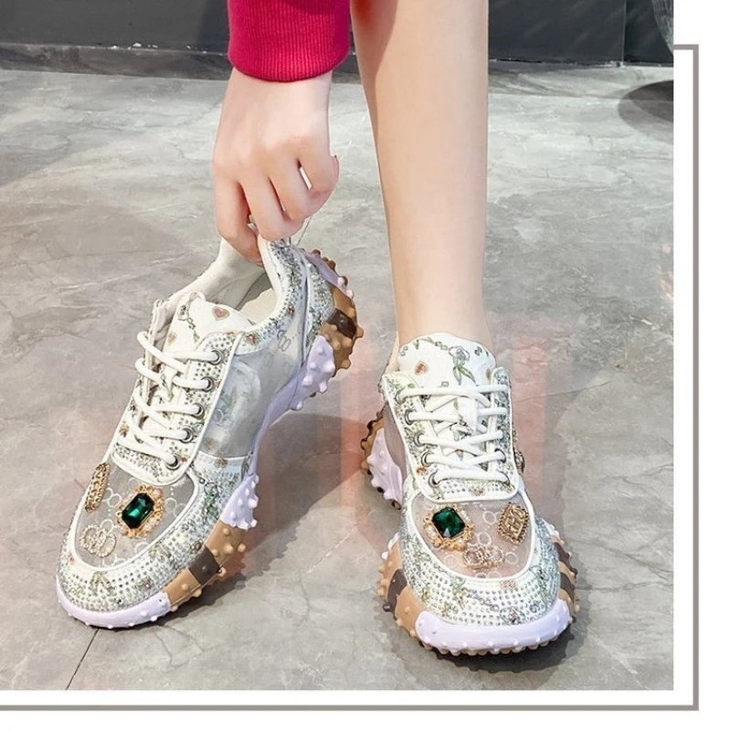 2024 Trend Women's Platform Sneakers Spring Autumn Fashion Luxury Rhinestone Ladies Shoes Outdoor Platform Female Sports Shoes