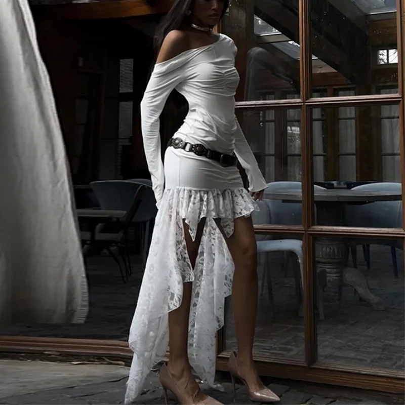 y2k Lace Patchwork Dress Women Clothes Round Neck Long Sleeve Backless Asymmetrical Hem Long Dresses Party Dresses