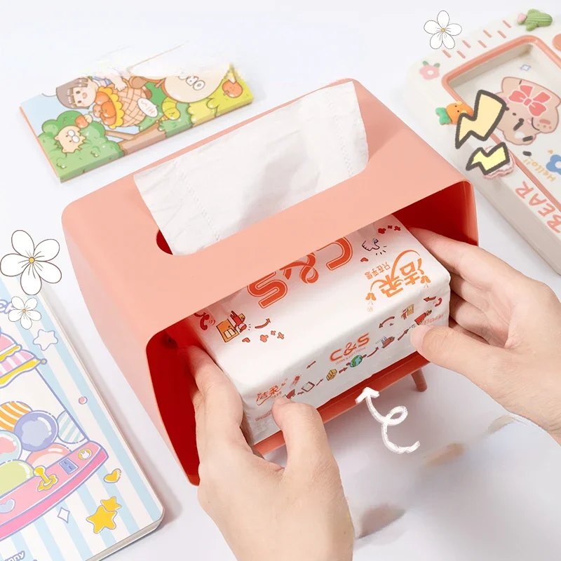 Cute Multifunction Tissue Box Holder Square for Home Kawaii Desktop Decor Tv Tissue Box Case Pink Phone Holder Storage Organizer 4