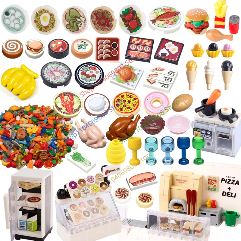 MOC City Lebensmittel-Bausteine Gemüse Obst Banane Pizza Hühnchen Dessert Weinglas Bedruckte Zubehörteile Bausteine Kinderspielzeug N11