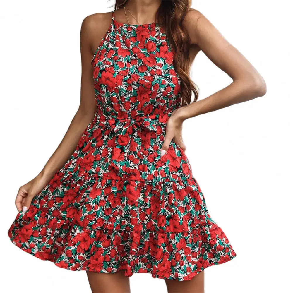 

Summer Dress Sleeveless High Waist Female Women Halter Floral Print Dress For Picnic Vestidos Para Mujer платье женское 원피스