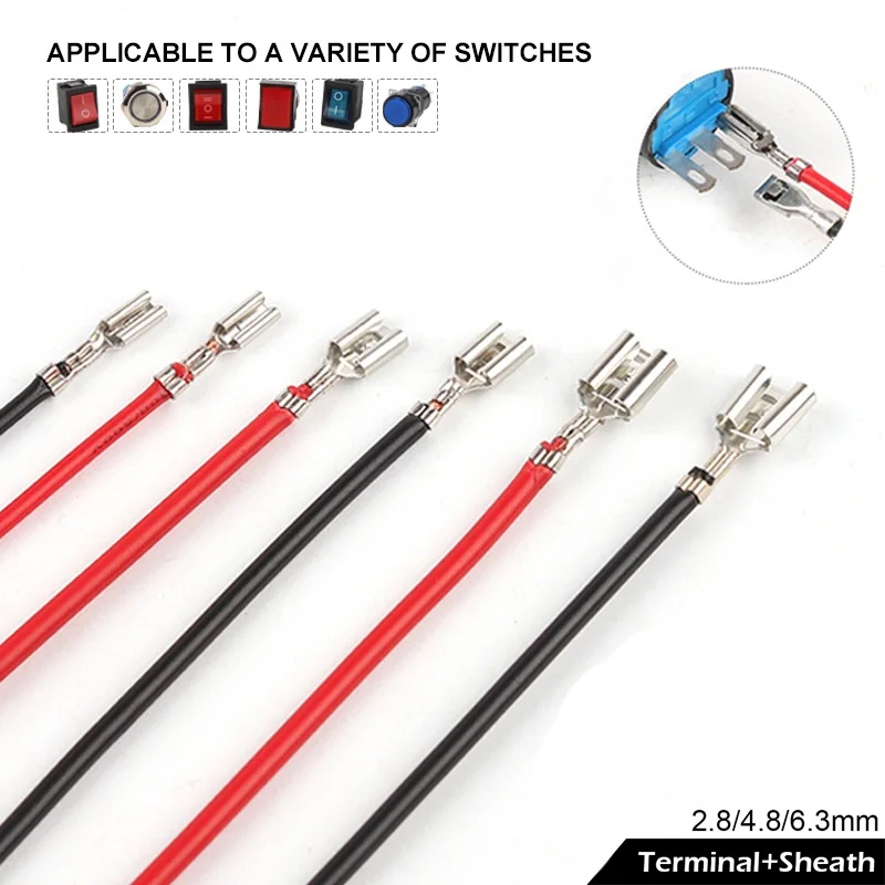 

10PCS 2.8/4.8/6.3mm Pluggable Electrical Crimp Terminal Connector 20CMRed Black Wire With Sheath Use For Rocker Switch