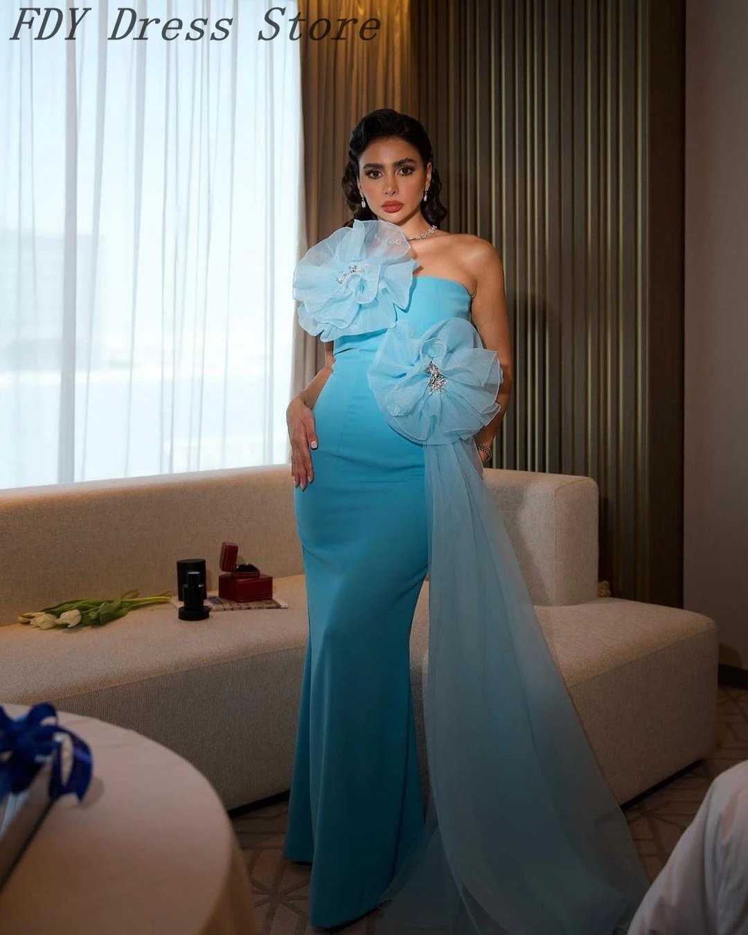 

Vintage Mermaid Sleeveless Evening Dresses Strapless Prom Dresses Pleated Flowers Floor Length Formal Party Dresses