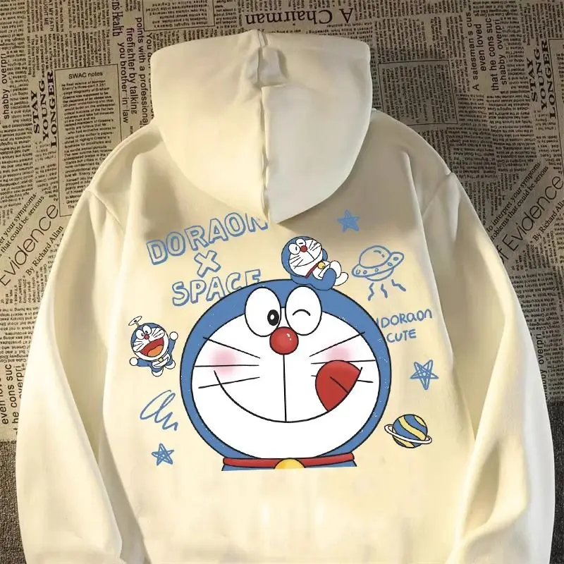 

Kawaii Doraemon Long Sleeved Hooded Women Cartoon Cotton Sweatshirt Regular Thin or Fleeced Thick Anime Tops for Fall or Winter