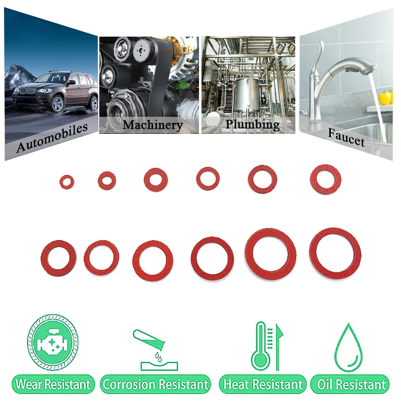 Flat Ring Seal Sortimento Kit, Fibra de papel, Aço Vermelho, 600Pcs