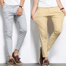 Skinny Pants Men Korean Fashion Lightweight Casual Pants Khaki Solid Color Men 9 Part Ankle Length Streetwear Trousers Thin