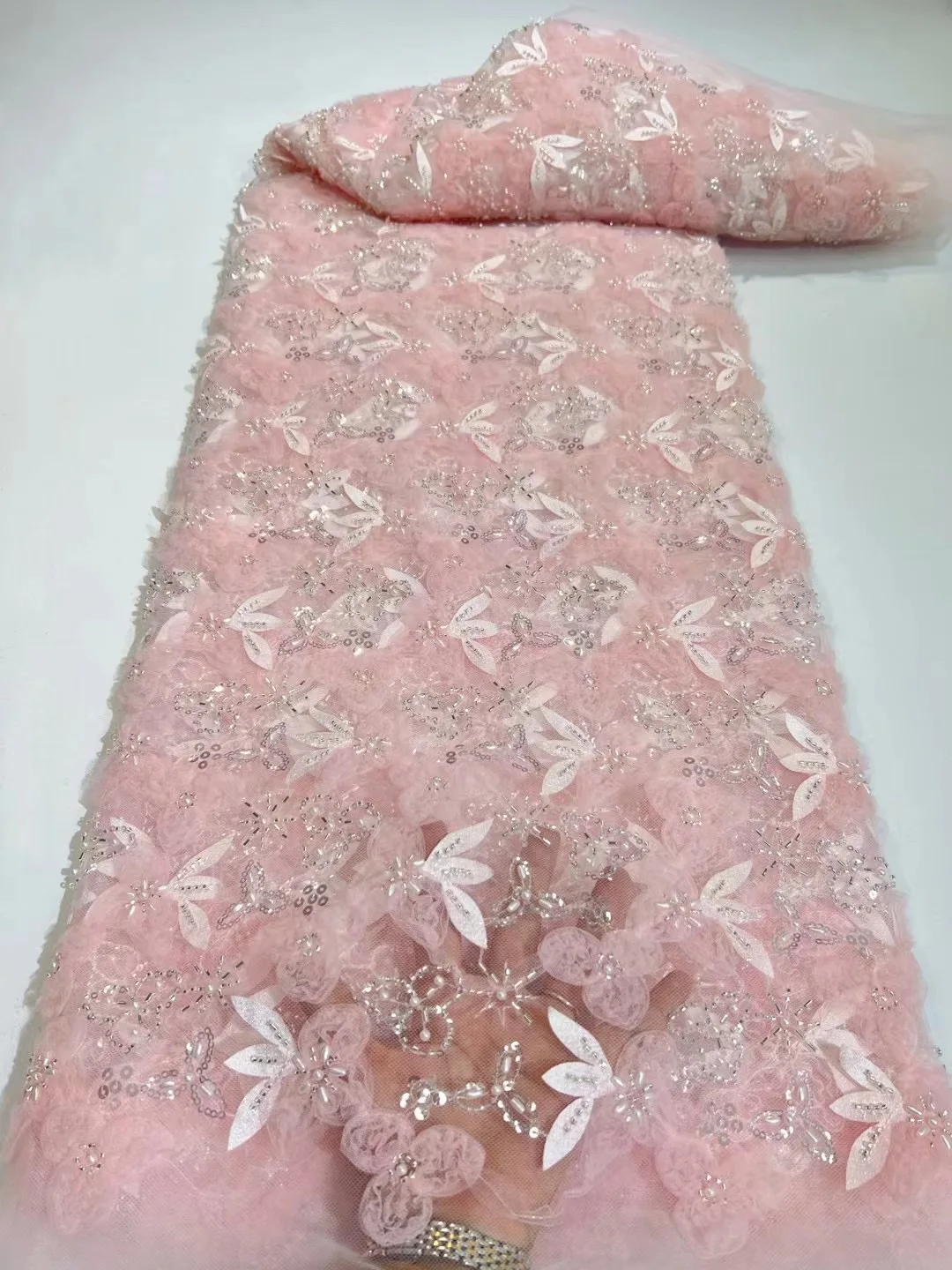 Grey 3d Lace Flower Embroidery Applique Fabric High Quality Flowers Lace Fabrics for African Bridal Tulle 5Yards CFS5819