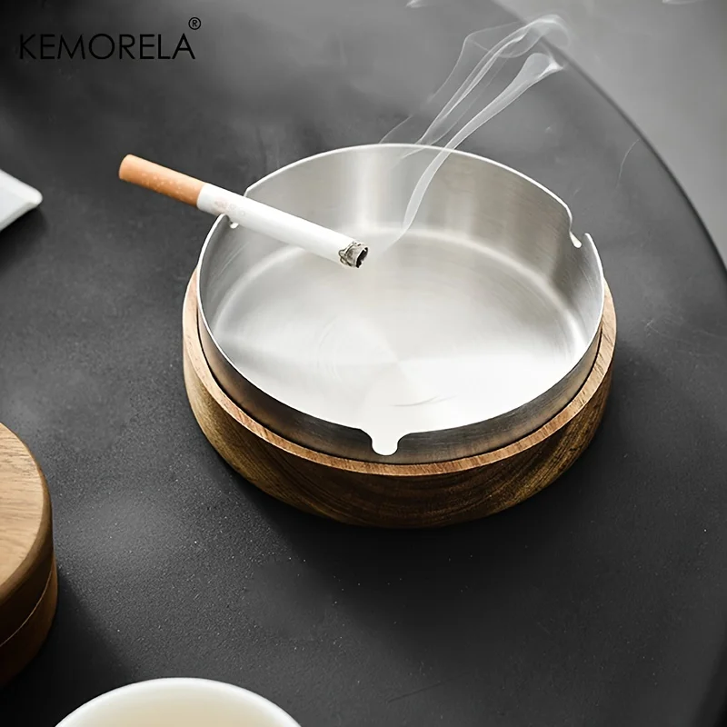 Acacia Wood Desktop Ashtray With Lid Stainless Steel Windproof Ash Tray For Bar Office Home Decoration Smoking Accessories stainless steel ashtray,metal ashtray,wood ashtray